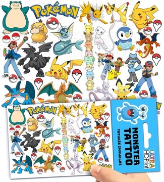 TATUAŻE ZMYWALNE TYMCZASOWE DLA DZIECI DZIECIĘCE POKEMON WZORY ORYGINALNE