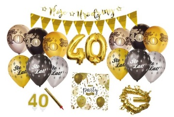 Balony zestaw CZTERDZIESTKA na urodziny 40 dekoracja z serpentyny serwetki