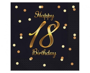 Serwetki urodzinowe Happy Birthday 18 na osiemnastkę czarne złote 20szt