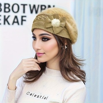 Zimowy ciepły pluszowy Beret elegancka kokardka dekoracyjna berety z