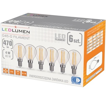 6x Żarówka LED E14 KULKA 4W=40W Filament 470lm 360° Ozdobna Brak Migotania