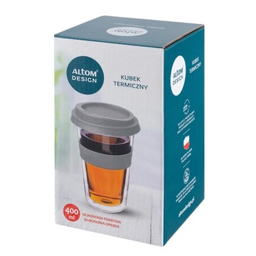 ALTOM БОЛЬШАЯ ТЕРМОСТЕКЛЯННАЯ КРУЖКА ДЛЯ АВТОМОБИЛЯ С СЕРОЙ ПОЛОСОЙ 400 МЛ