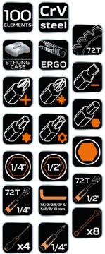 Набор инструментов: торцевые ключи 1/4' 1/2', храповик CrV, 100 см NEO CASE