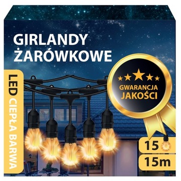 Girlanda Ogrodowa Świetlna Lampki LED 15M 15X LED żarówki E27 NA BALKON