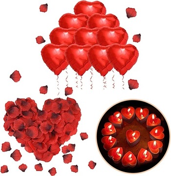 Romantyczny zestaw dekoracyjny, świeczki, płatki róż, balony, Walentynki,