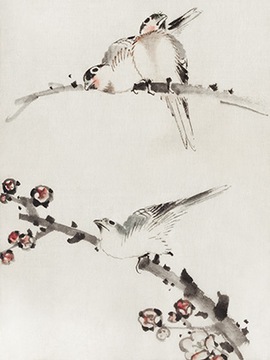 Re Hokusai Trzy ptaki siedzące na gałęziach 110x80