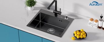 Раковина 55x45 см. Стальная кухонная мойка с сифоном и дозатором, темно-серая.