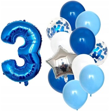 Balony urodzinowe 12szt niebieskie cyfra 3 latka