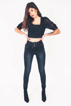 Grafitowe jeansy damskie modelujące rurki z wysokim stanem guma w pasie XL