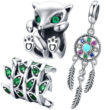 Charms ZESTAW 3szt LISEK ŁAPACZ SNÓW SPLOT LIŚCI