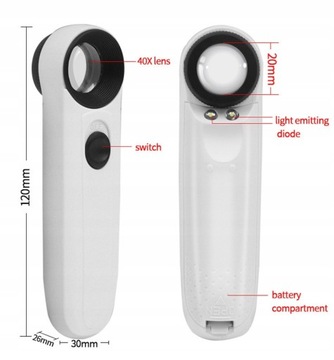 PROFESJONALNA LUPA POWIĘKSZAJĄCA 40x 21mm PODŚWIETLENIE 2x LED