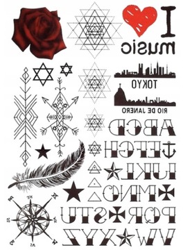 Tatuaż MIX ALFABET dowolny tekst I LOVE MUSIC róża