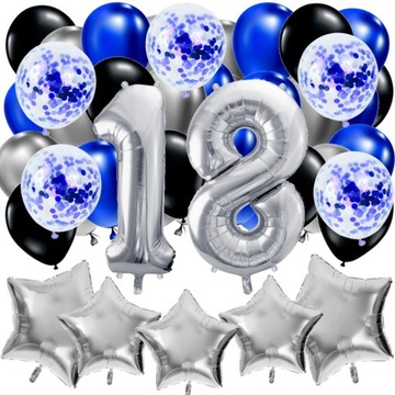 BALONY ZESTAW 18 Urodziny na OSIEMNASTKĘ 3 KOLORY cyfra