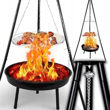 PALENISKO TRÓJNÓG GRILL OGNISKOWY OGRODOWY WISZĄCY DUŻY RUSZT CHROMOWANY 47