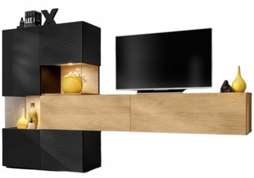 Meblościanka BRICK zestaw mebli do salonu hickory natura MDF czarny mat LED