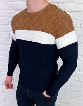 Granatowo-camelowy sweter meski paski HHL8039 XXL