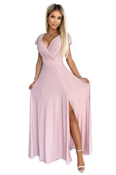 Maxi połyskująca długa suknia z dekoltem kopertowym jasnoróżowa XXL