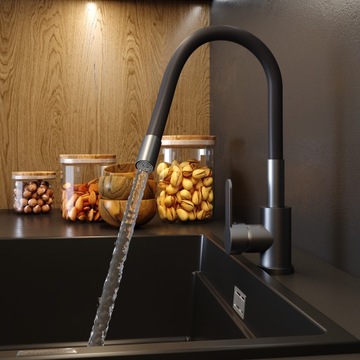 Смеситель для кухни GUN GREY, ЧЕРНЫЙ МЕТАЛЛИК, ГИБКИЙ ИЗЛИК, смеситель GRADO