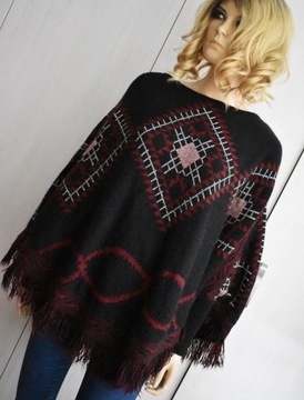Sweter 38 M ponczo peleryna oversize frędzle bordo