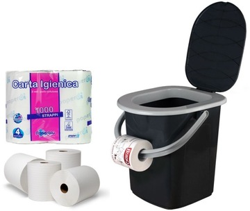 TOALETA PRZENOŚNA TURYSTYCZNA WIADRO KEMPINGOWE MOBILNE WC + PAPIER 4 ROLKI