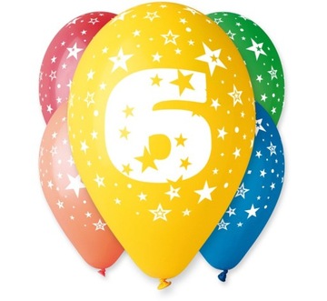 Kolorowe Balony z Nadrukiem Cyfry 6 30 cm 5 szt.