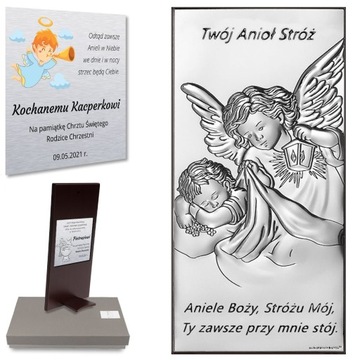 Prezent na chrzest dla chłopca srebrny obrazek Twój Anioł Stróż + Grawer