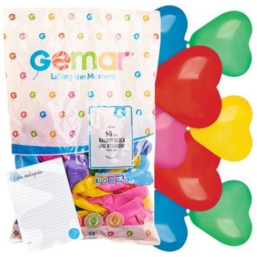 Balony serca mix kolorów GEMAR 50 szt na walentynki wesela serduszka +lista
