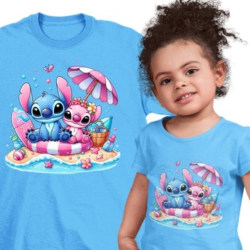 T-SHIRT NIEBIESKI DLA DZIECKA STITCH I SIMBA NA PLAŻY PREZENT 140 146