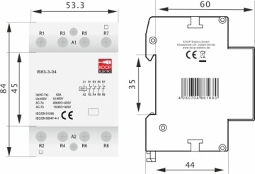 STYCZNIK MODUŁOWY 63-04 230V 63A 3P 4NC 3-FAZ ROZWIERNY NA SZYNĘ TH35