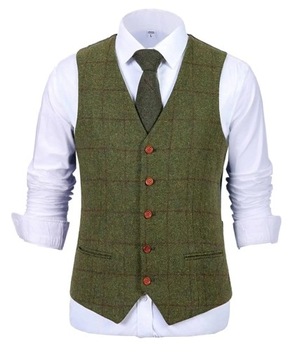Men's Army Green Vest Plaid Soft Wool Brown Jacket