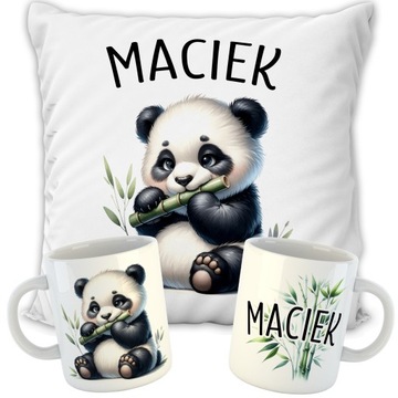 ZESTAW PODUSZKA + KUBEK PANDA MIŚ + IMIĘ PREZENT URODZINY DLA DZIECKA WZORY