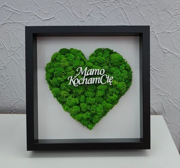 Сердце из мха, день матери, день отца, хроботек из мха, глубокая рамка, 25х25, рамка из березы