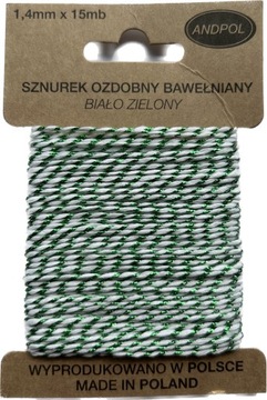 Sznurek ozdobny bawełniany biało zielony 15mb