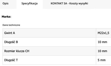 KOREK GWINTOWANY M22x1.5 według normy DIN 906 CZ 50 sztuk
