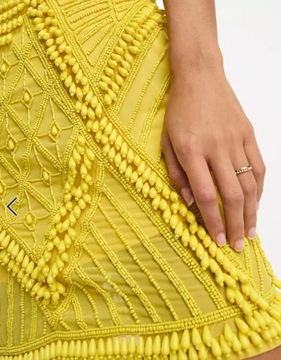 Żółta zdobiona sukienka Asos Design bandeau mini, rozmiar 36