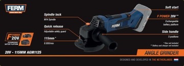 FERM SZLIFIERKA KĄTOWA POLERKA DIAX 20V AKUMULATOROWA KĄTÓWKA + AKU + ŁAD