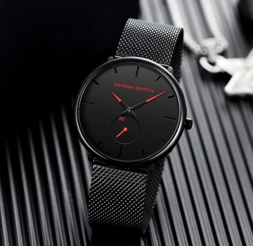 Zegarek męski Hannah Martin czarny bransoletka czerwone wskazówki
