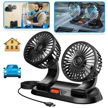 DWUGŁOWICOWY WENTYLATOR SAMOCHODOWY 12V USB OBROTOWY SILNE CHŁODZENIE