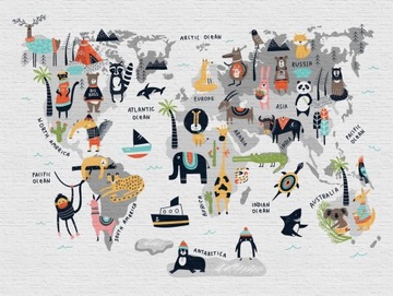 TAPETA PANEL BEZ PASOWANIA MAPA ŚWIATA I ZWIERZAKI