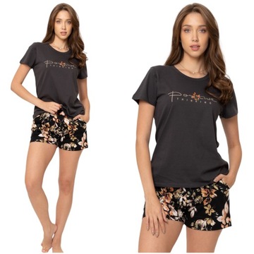 Piżama damska letnia komplet koszulka i szorty w kwiaty czarny bawełna 3XL