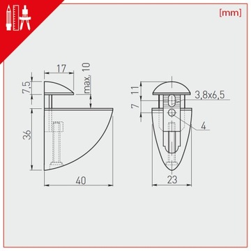 РУЧКА СТЕКЛЯННОЙ ПОЛКИ, ОПОРА ДЛЯ ПОЛКИ, ХРОМ