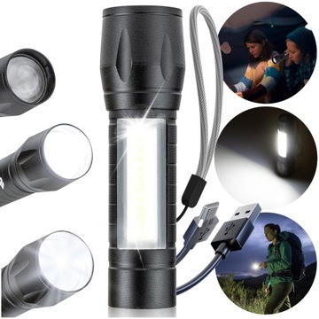 MOCNA LATARKA TAKTYCZNA LED ZOOM SURVIVALOWA CREE AKUMULATOROWA USB DO LASU