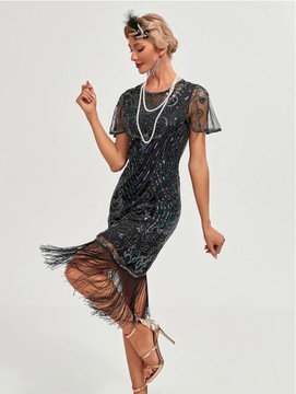 SUKIENKA CEKINOWA ART DECO WIELKI GATSBY LATA 20 RETRO SYLWESTER CZARNA 3XL