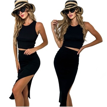 Komplet prążkowany TOP SPÓDNICA z rozcięciem dzianina prążek bluzka L/XL