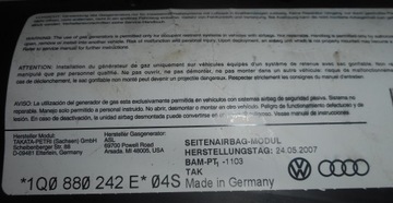 VW EOS 07R ULOŽENÍ AIRBAG SEDADLA LEVÝ 1Q0880241E