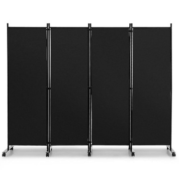 PARAWAN NA KÓŁKACH 4-SKRZYDŁOWY 4 PANELE CZARNY 224 x 173cm ŚCIANKA