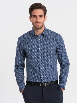 Męska koszula w drobny wzór SLIM FIT granatowa V1 OM-SHCS-0140 S