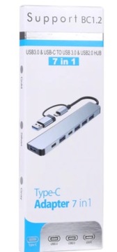 HUB Адаптер USBC Док-станция 7 в 1 USB 3.0x1 USB C Зарядка x2 USB 2.0x4