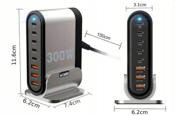 Очень мощное сетевое зарядное устройство Mega Tower 300 Вт Gan3 5xUSB-C 3xUSB QC 3.0
