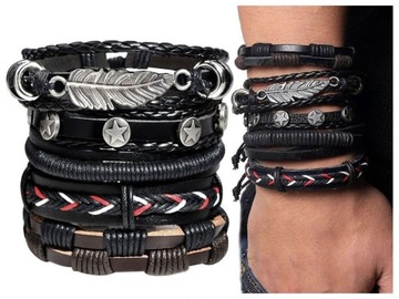 КОЖАНЫЙ БРАСЛЕТ МУЖСКОЙ, ремешок из перьев, КОМПЛЕКТ